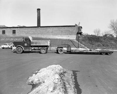 Heavy truck and flatbed trailer at Waterford shops