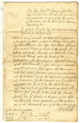 Warrant for a patent, to Philip Livingston and others, for five several tracts of land in the county of Albany