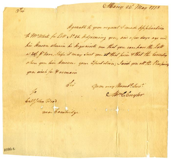 Letter from Abraham C. Cuyler to Captain John Wood, 1773