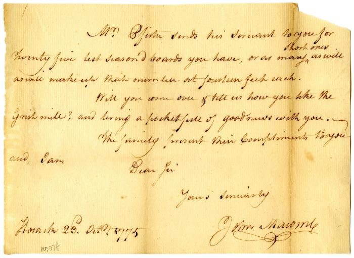 Unaddressed letter from John Macombe, likely to Robert W. Leake, 1775