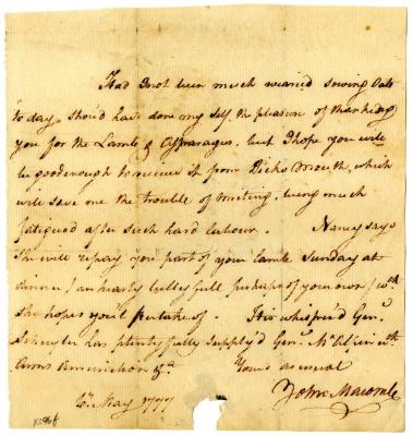 Letter from John Macombe to Robert W. Leake, 1777