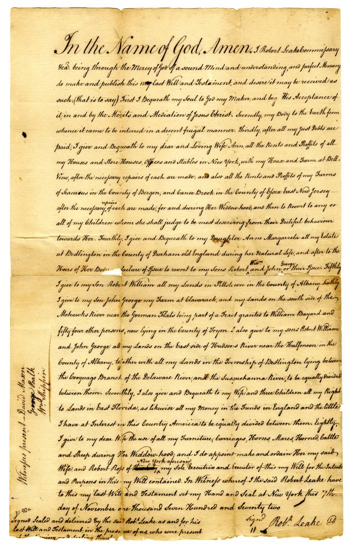 Last Will and Testament of Robert Leake, Sr., 1772