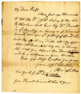 Letter from Ann Leake to Robert W. Leake, 1775