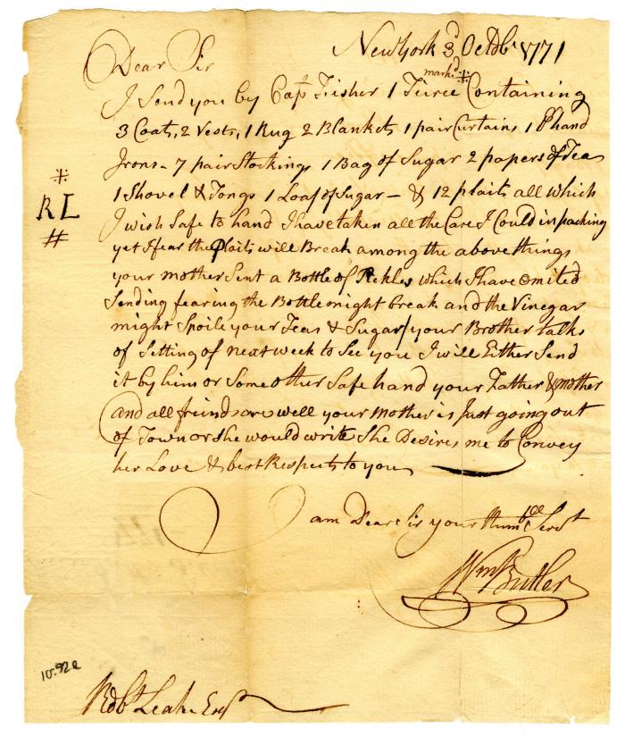 Letter from William Butler to Robert W. Leake, 1771