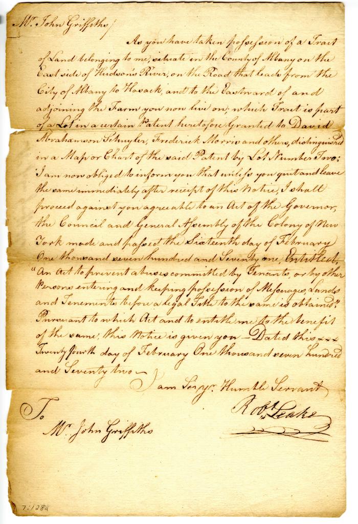 Letter from Robert Leake to John Griffiths, 1772