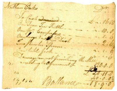 List of charges for household items, circa 1773