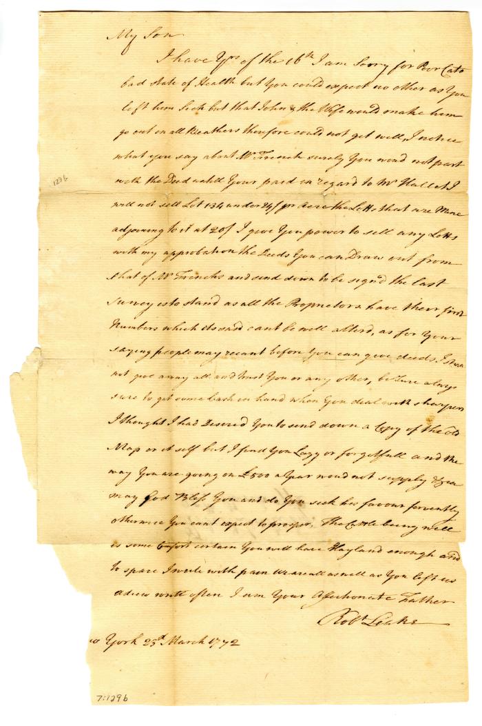 Letter from Robert Leake, Sr. to his son, regarding the sale of land, 1772