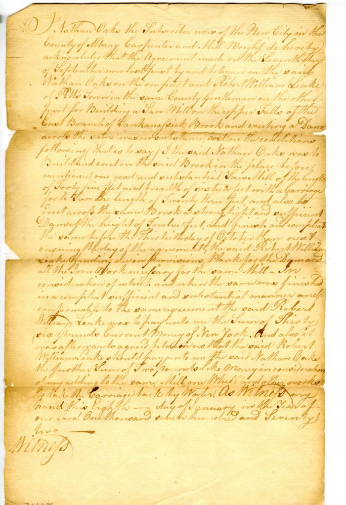 Agreement for Nathan Oaks to build a saw mill, 1772