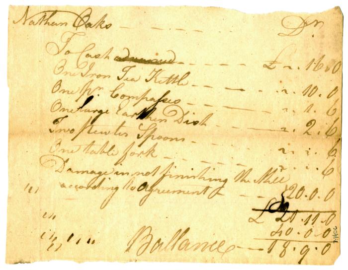 List of charges for household items, circa 1773