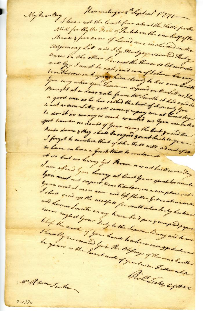 Letter from Robert Leake, Sr. to Robert W. Leake on business advice, 1771