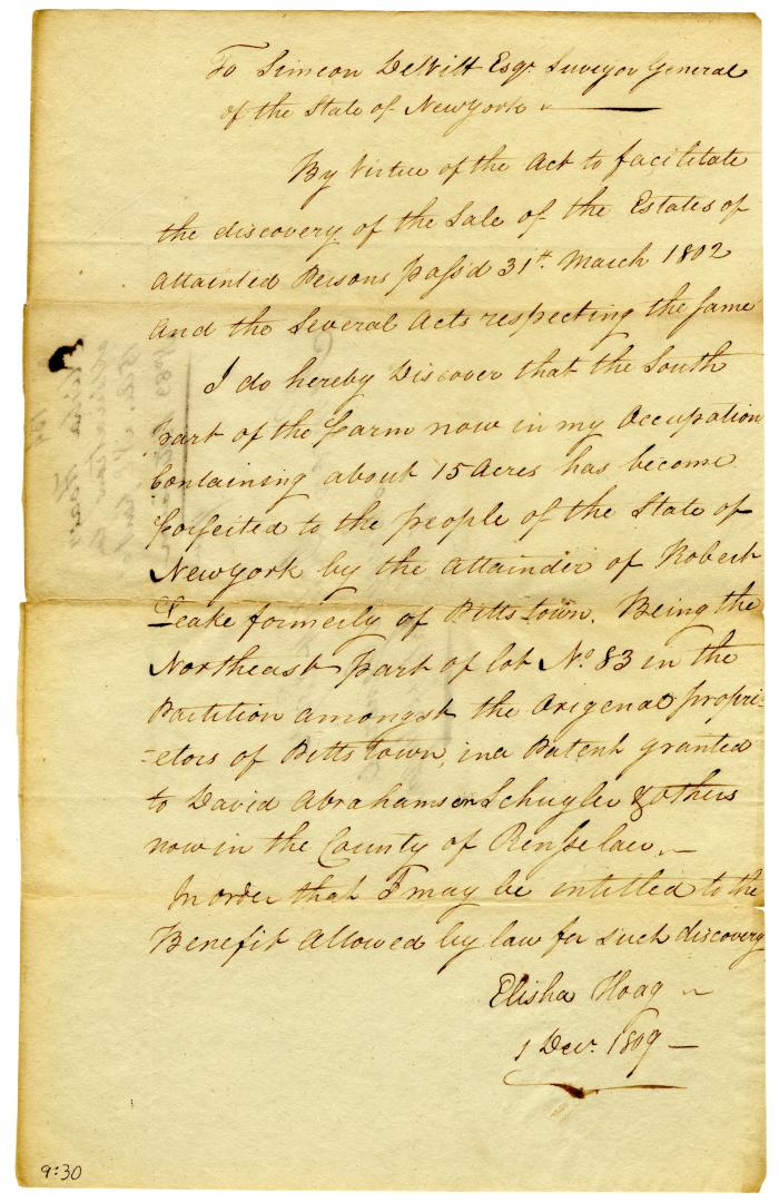 Statement describing land forfeited in Rensselaer County, 1809