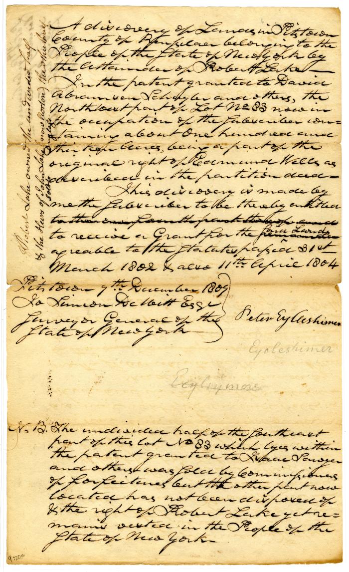 Statement describing land forfeited in Rensselaer County, 1807