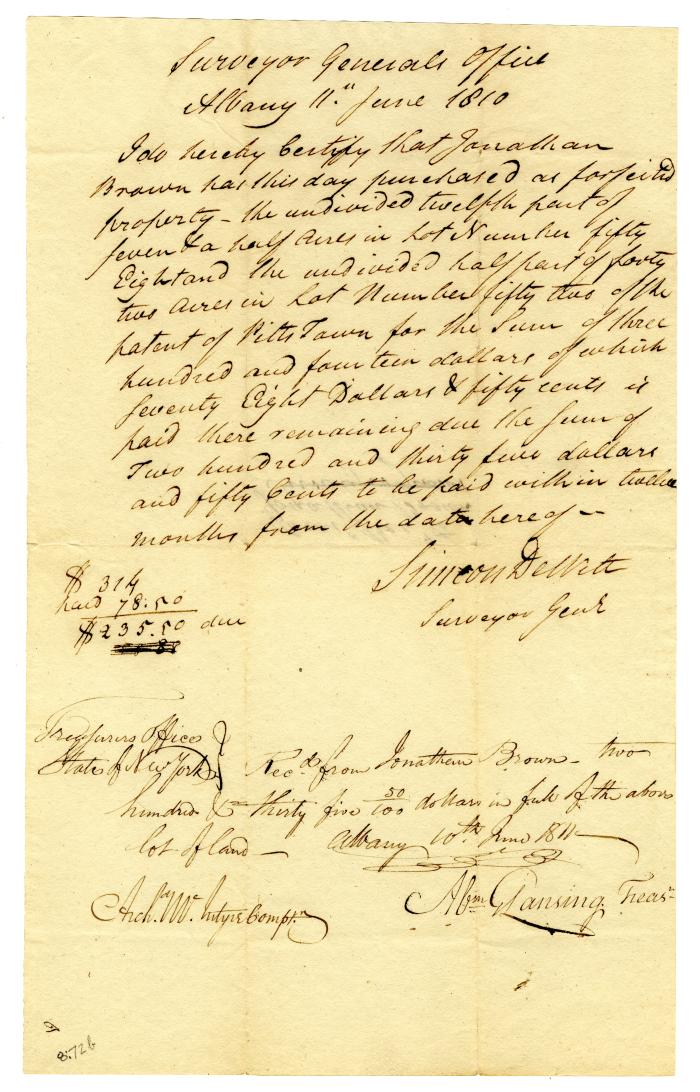 Receipt for the purchase of land in Pittstown, 1810