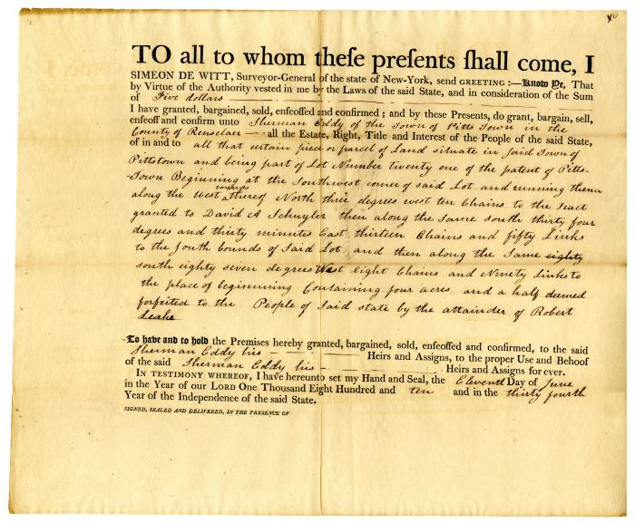 Deed for land in Pittstown, 1810