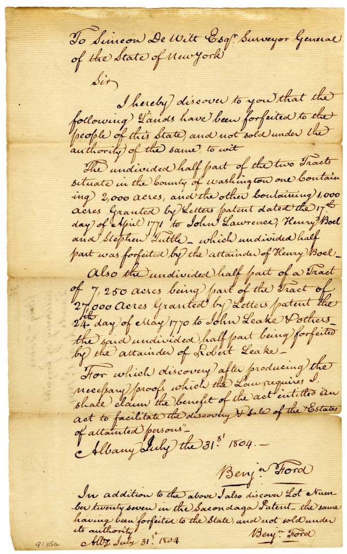 Statement of discovery of forfeited lands in Washington County, 1804