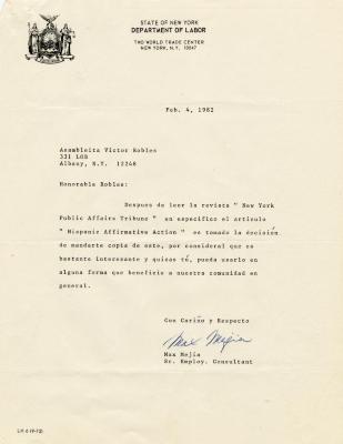 Letter from Max Mejia to Victor Robles with news article, Panel Goal: Hire More Hispanics