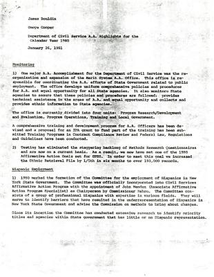 Dept. of Civil Service Affirmative Action Highlights for Calendar Year 1980, January 26, 1981