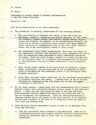 Memorandum on current status of Hispanic Representation in New York State Government, August 18, 1980