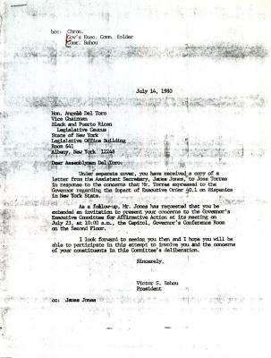 Letter to Assemblyman Del Toro from Victor S. Bahou, July 14, 1980