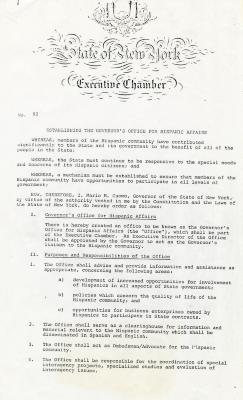 Executive Order to Establish Office for Hispanic Affairs, Governor Mario Cuomo