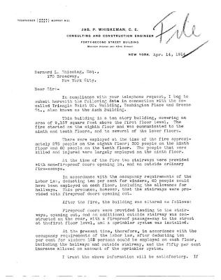 Letter regarding the Triangle Waist Company fire