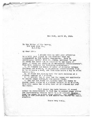Letter to the Editor of the Survey from the New York State Factory Investigation Commission