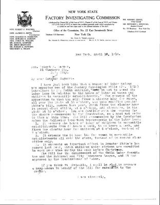 Letter to Senator Robert F. Wagner from the New York State Factory Investigation Commission