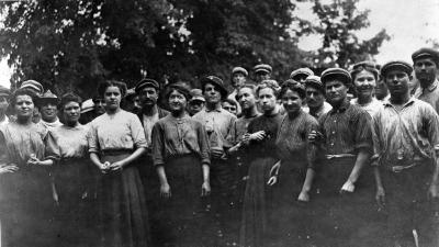 Group portrait of day workers at twine works, International Harvester Co., Auburn, NY