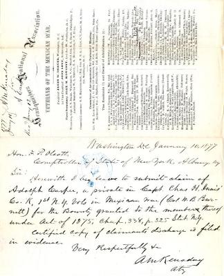 Letter to the New York State Comptroller F.P. Olcott for Adolph Carfer