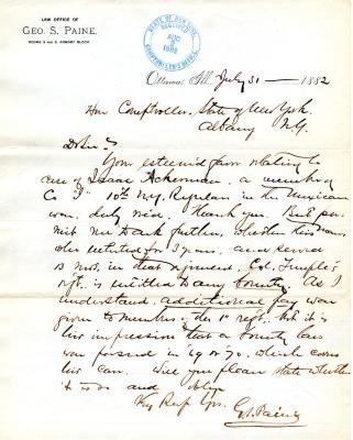 Letter to the New York State Comptroller's Office for Isaac Ackerman