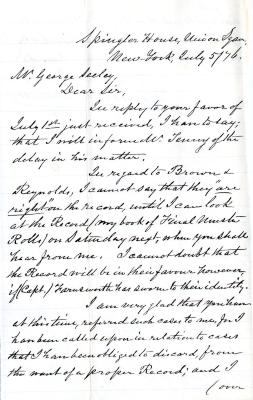 Letter to George Seeley from Colonel Ward B. Burnett