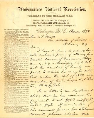 Letter to New York State Comptroller F.P. Olcott for Martin Duncan