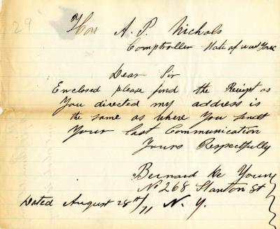 Letter to New York State Comptroller A.P. Nichols from Bernard DeYoung