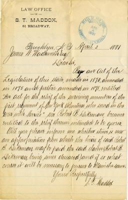 Letter to James W. Wadworth for heir of Robert B. Dikrman