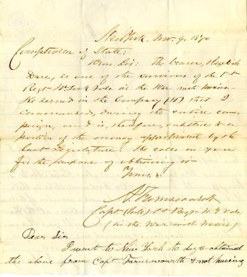 Letter to NYS Comptroller A.P. Nichols from Hezekiah Dare