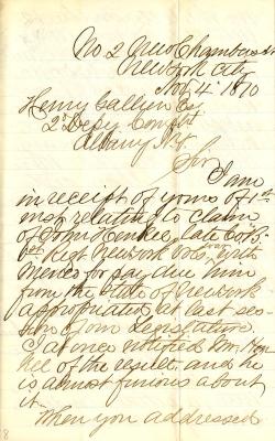 Letter to Second Deputy Comptroller Henry Gallien for John Henkel