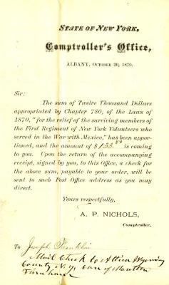 Letter to Joseph Franklin from New York State Comptroller A.P. Nichols