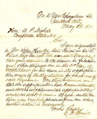 Letter to New York State Comptroller A.P. Nichols for John Henkle