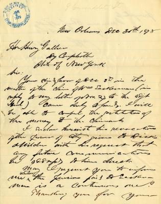 Letter to New York State Comptroller Henry Gallien for William Eakerman