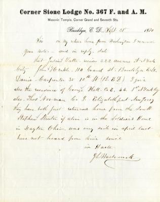 Letter from J.L. Hasbrouck indicating addresses of Mexican War veterans