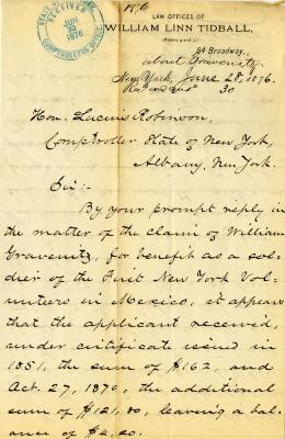 Letter to New York State Comptroller Lucius Robinson for William Gravenitz