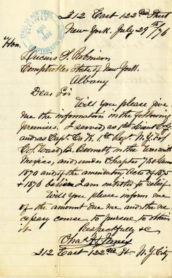 Letter to New York State Comptroller Lucius Robinson from Capt. Charles Innes