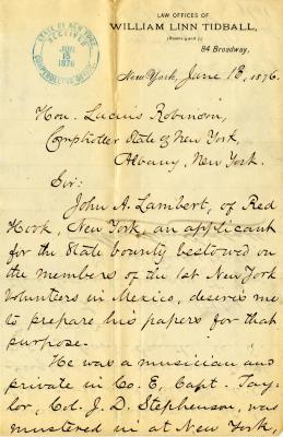 Letter to New York State Comptroller Lucius Robinson for John A. Lambert