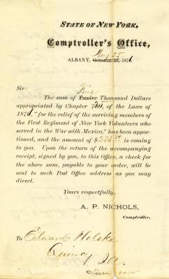 Voucher from New York State Comptroller A.P. Nichols to Edward Holske