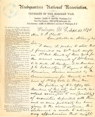 Letter to New York State Comptroller F.P. Olcott from A.M. Kenaday