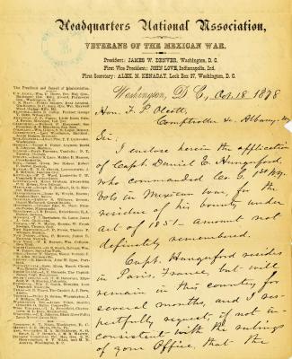 Letter to New York State Comptroller F.P. Olcott for Captain Daniel E. Hungerford