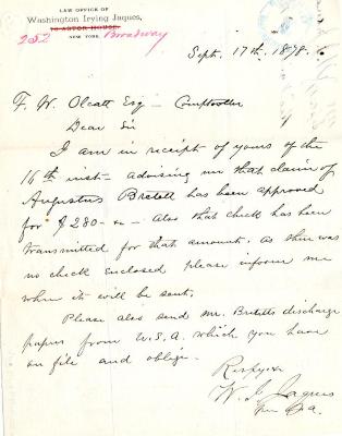 Letter to the New York State Comptroller for Augustus Bretett