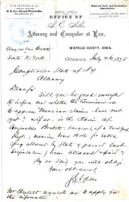 Letter to New York State Comptroller for Augustus Bretett