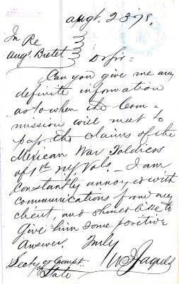 Letter to the New York State Comptroller for Augustus Bretett