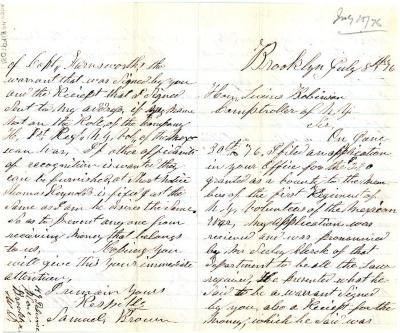 Letter to New York State Comptroller Lucius Robinson from Samuel Brown